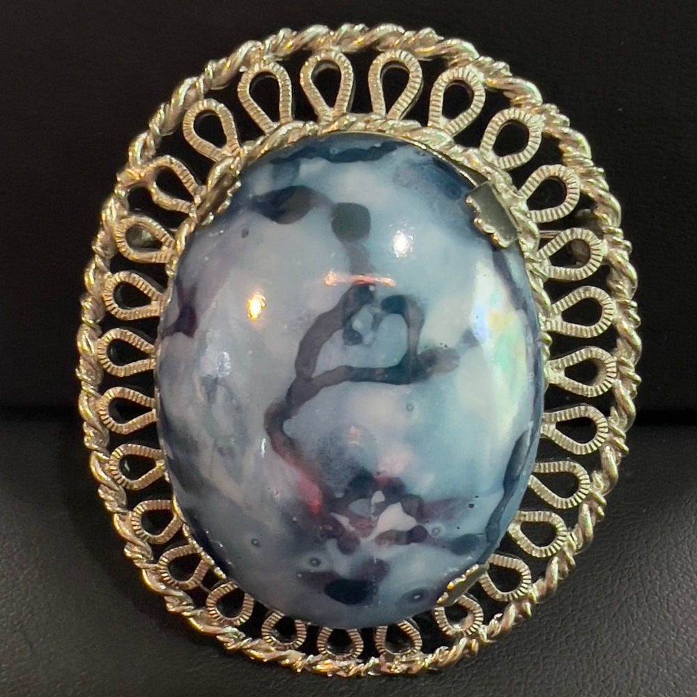 VINTAGE ELIZABETH MORREY BROOCH PENDANT SILVER TONE BLUE STONE